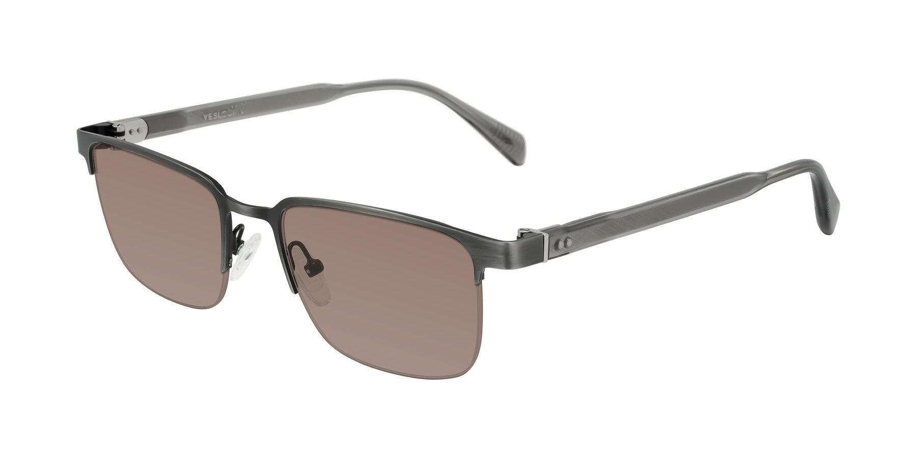 Angle of Tunt in Brushed Silver with Medium Brown Tinted Lenses