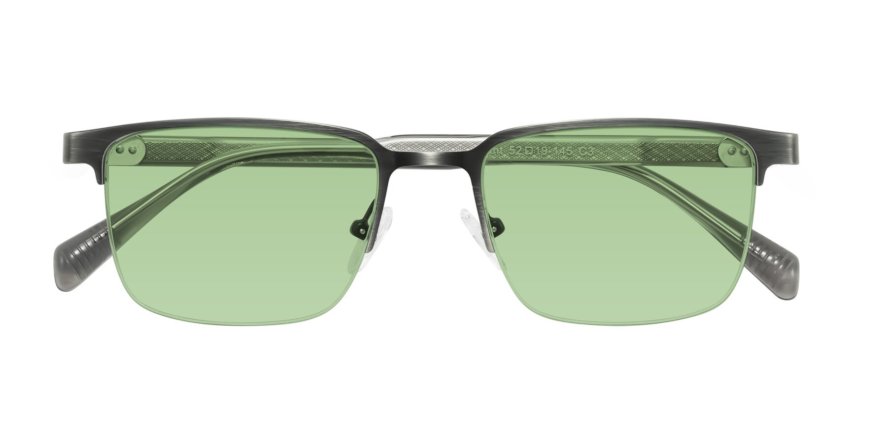 Folded Front of Tunt in Brushed Silver with Medium Green Tinted Lenses