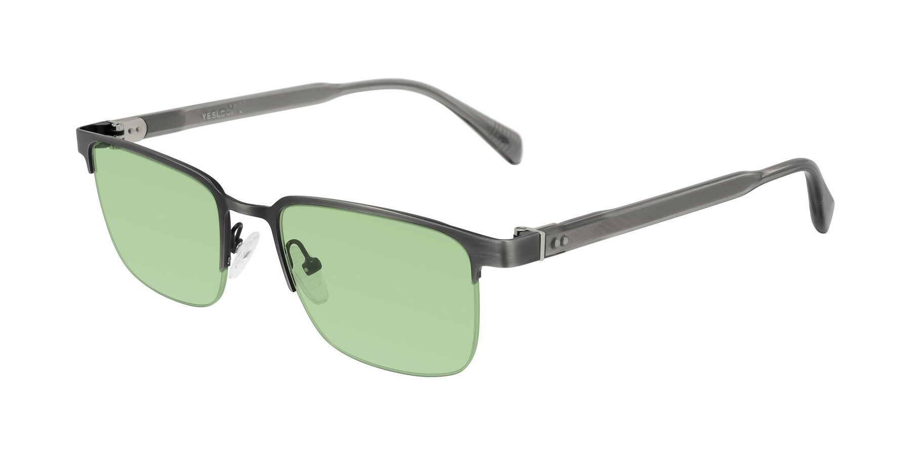 Angle of Tunt in Brushed Silver with Medium Green Tinted Lenses