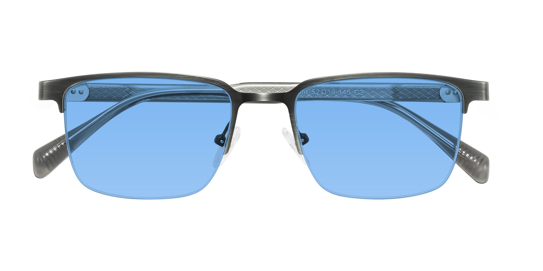 Folded Front of Tunt in Brushed Silver with Medium Blue Tinted Lenses