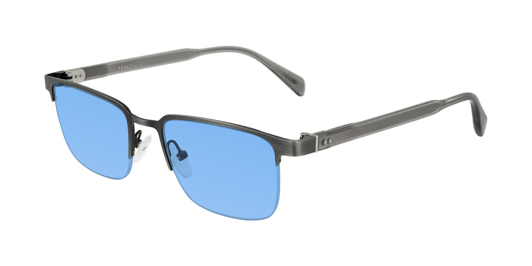 Angle of Tunt in Brushed Silver with Medium Blue Tinted Lenses