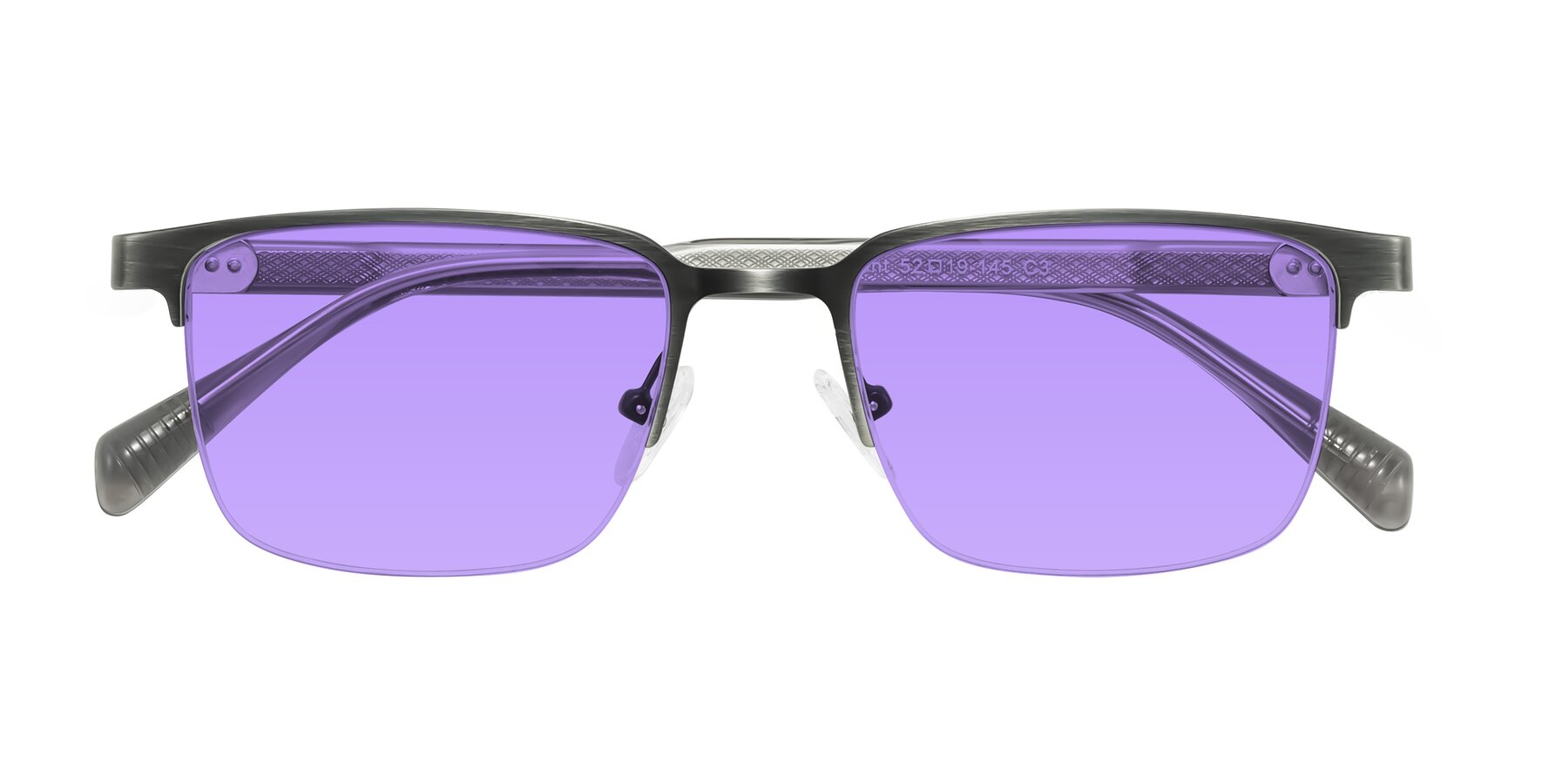 Folded Front of Tunt in Brushed Silver with Medium Purple Tinted Lenses