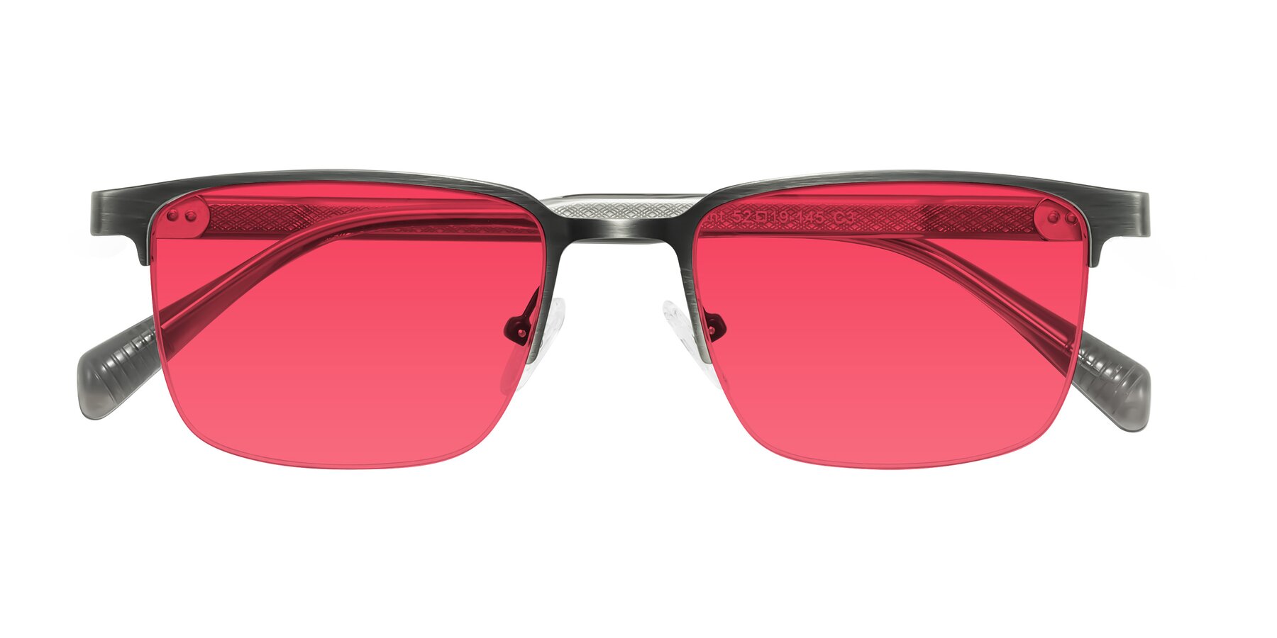 Folded Front of Tunt in Brushed Silver with Red Tinted Lenses