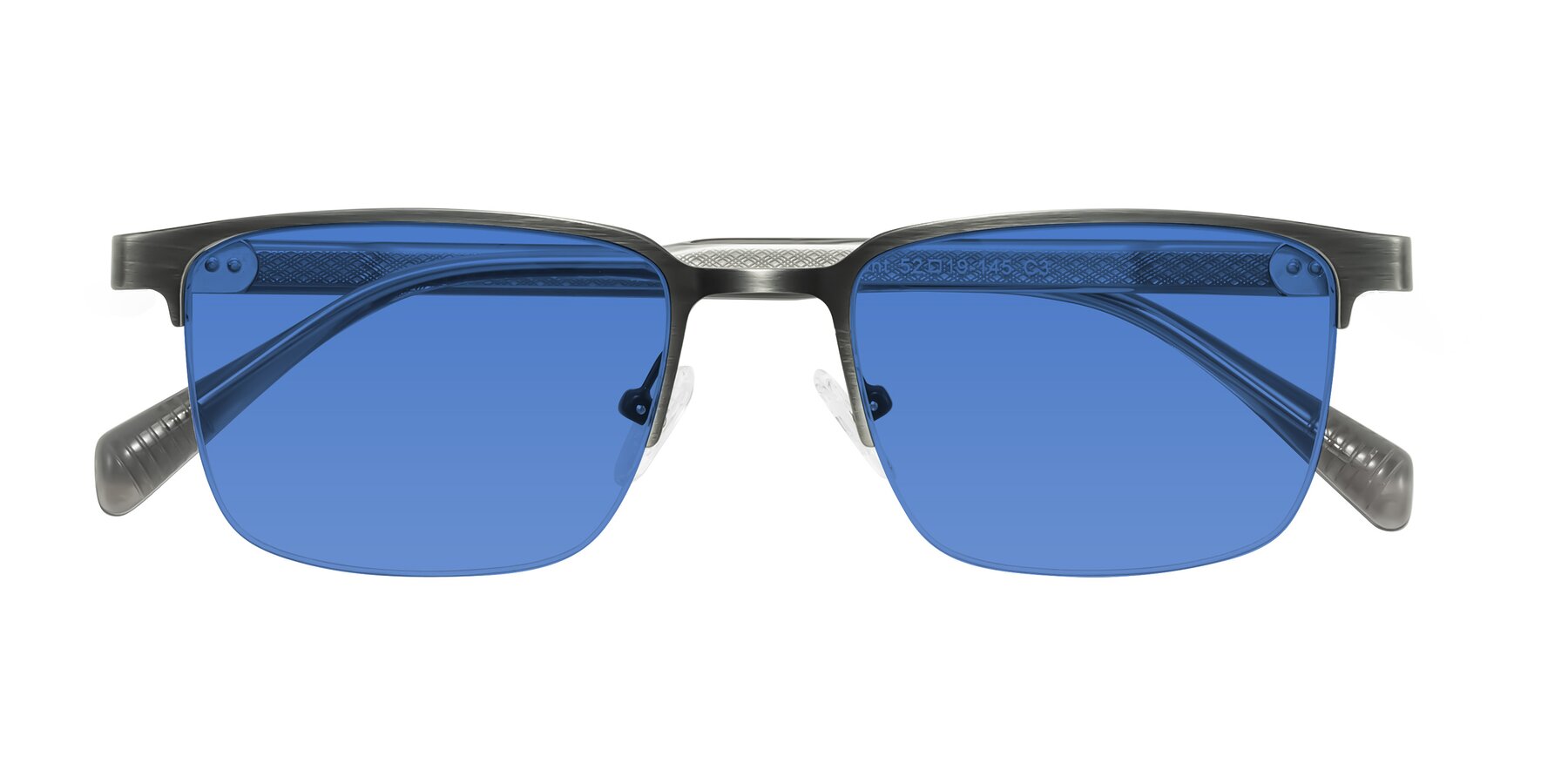 Folded Front of Tunt in Brushed Silver with Blue Tinted Lenses
