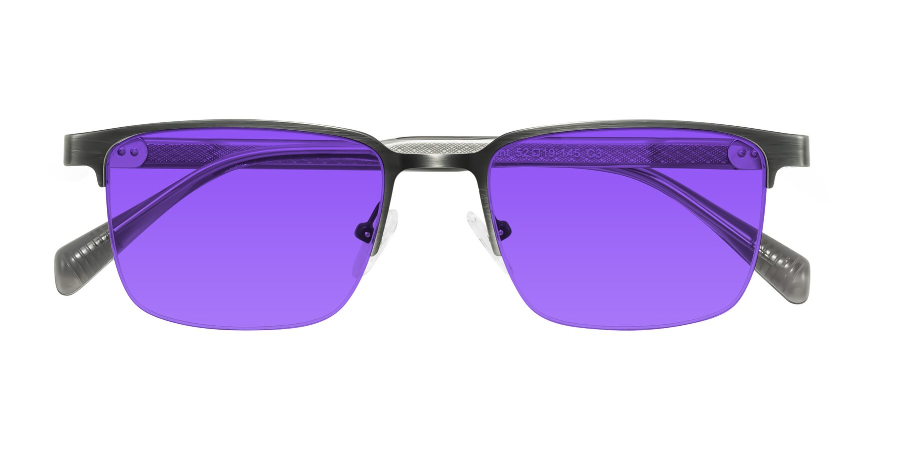 Folded Front of Tunt in Brushed Silver with Purple Tinted Lenses