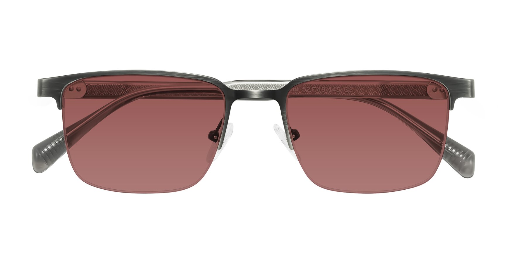 Folded Front of Tunt in Brushed Silver with Garnet Tinted Lenses