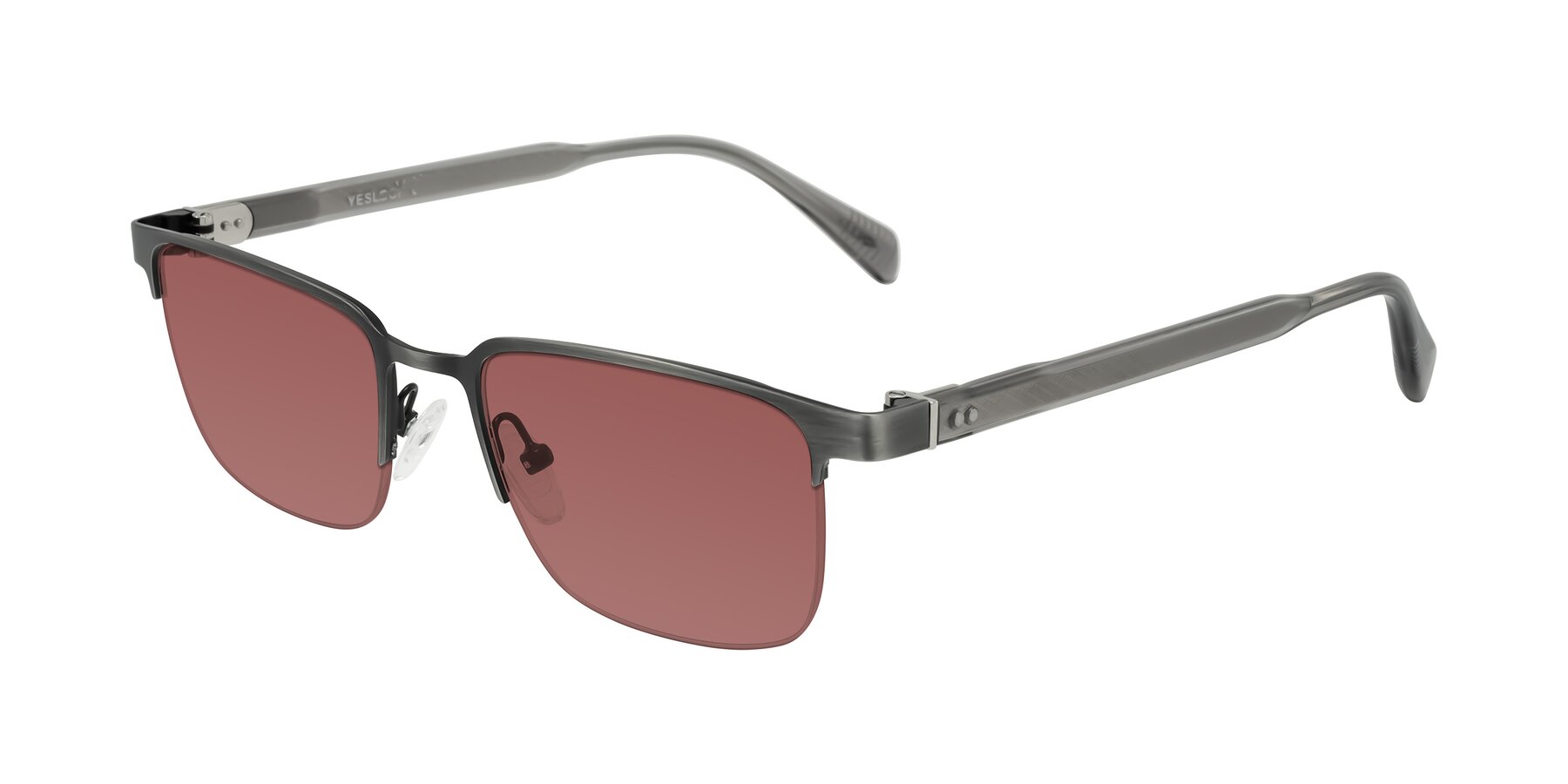 Angle of Tunt in Brushed Silver with Garnet Tinted Lenses