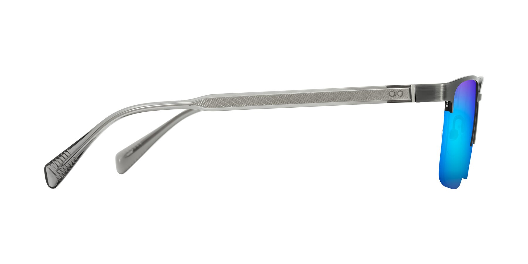 Side of Tunt in Brushed Silver with Blue Mirrored Lenses