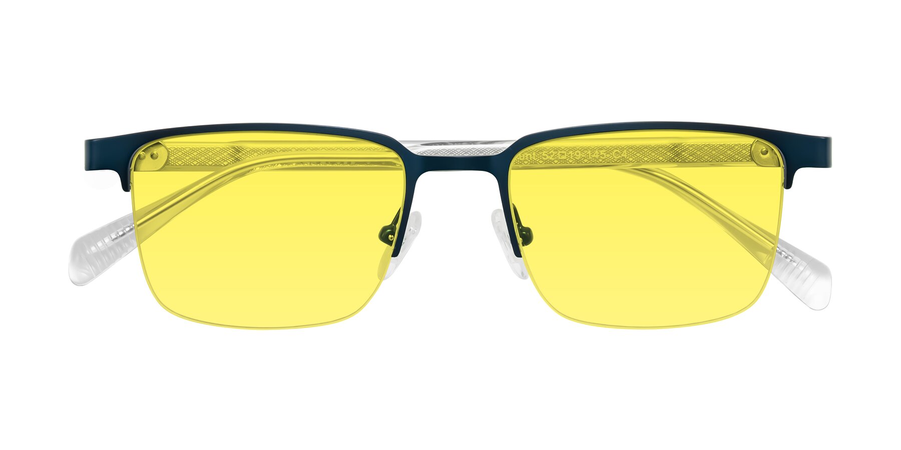 Folded Front of Tunt in Matte Blue with Medium Yellow Tinted Lenses