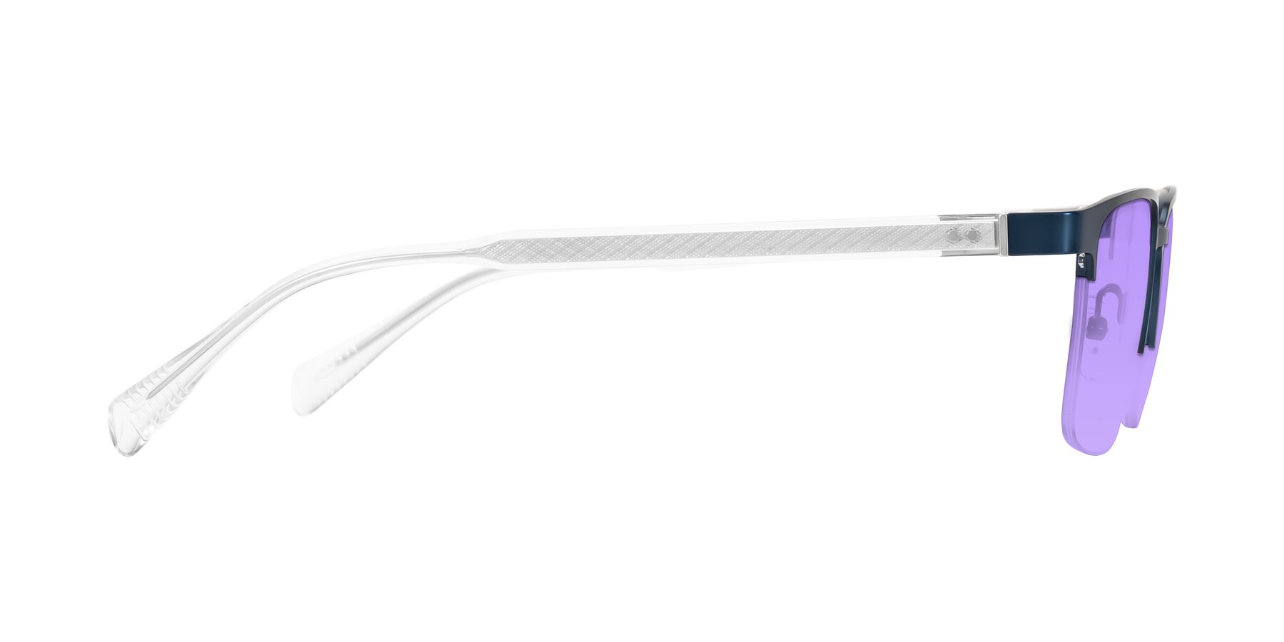 Side of Tunt in Matte Blue with Medium Purple Tinted Lenses