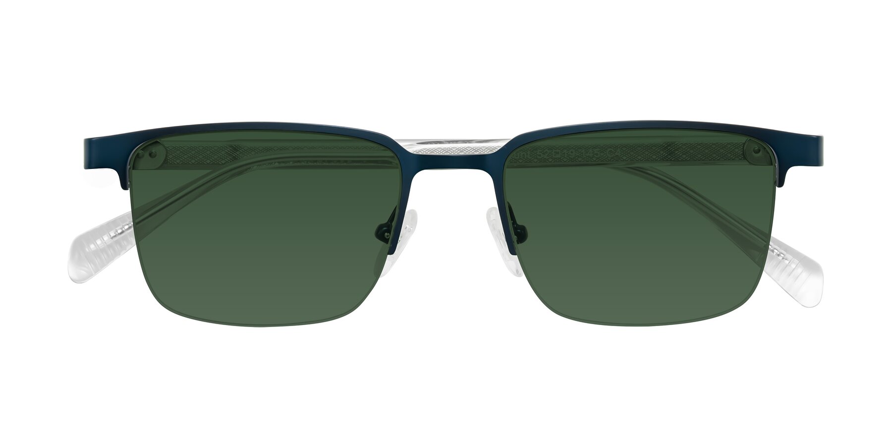 Folded Front of Tunt in Matte Blue with Green Tinted Lenses