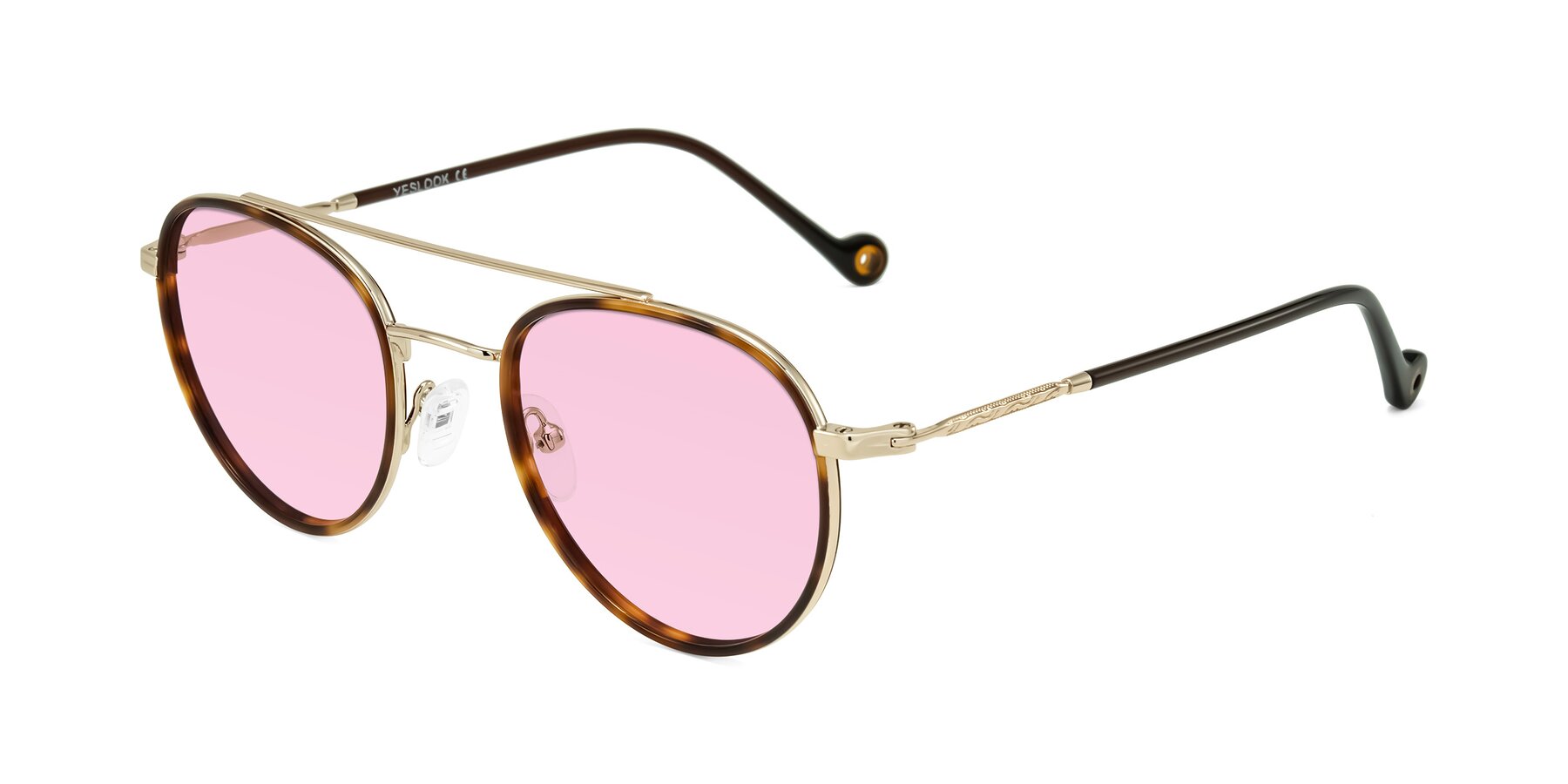Angle of Biko in Tortoise/Gold with Light Pink Tinted Lenses