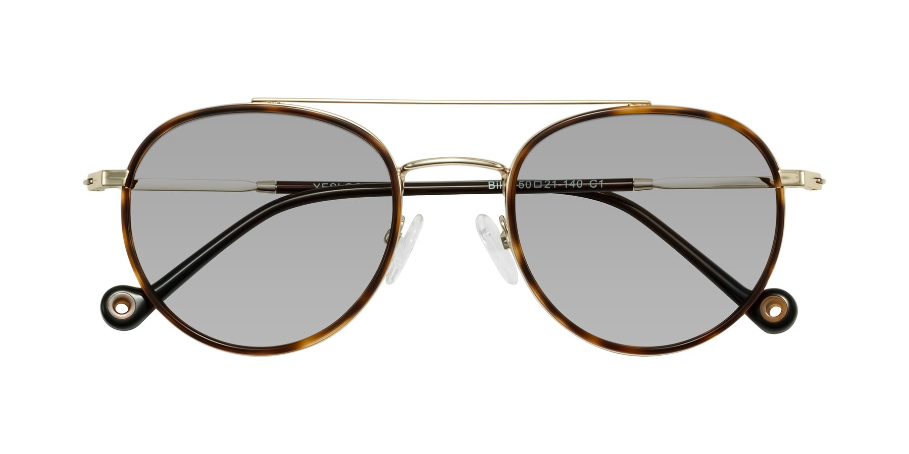 Folded Front of Biko in Tortoise/Gold with Light Gray Tinted Lenses