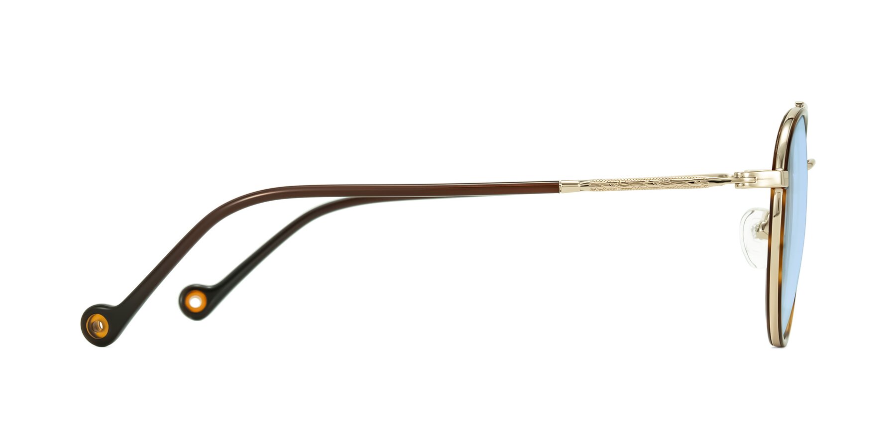 Side of Biko in Tortoise/Gold with Light Blue Tinted Lenses