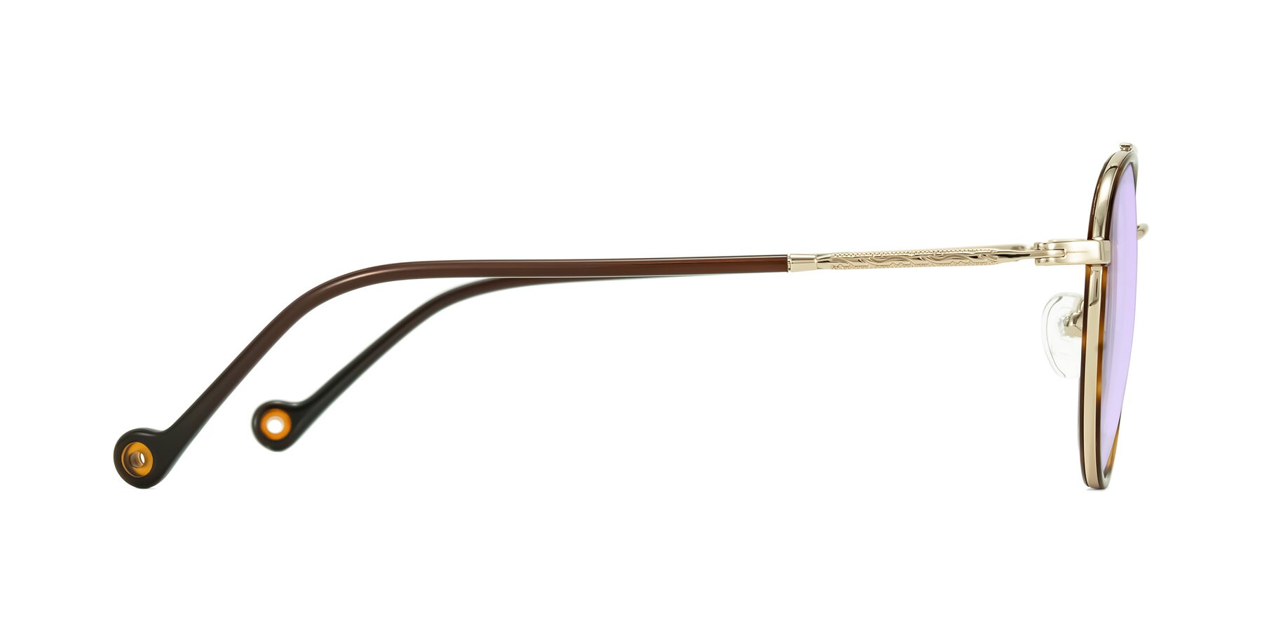 Side of Biko in Tortoise/Gold with Light Purple Tinted Lenses