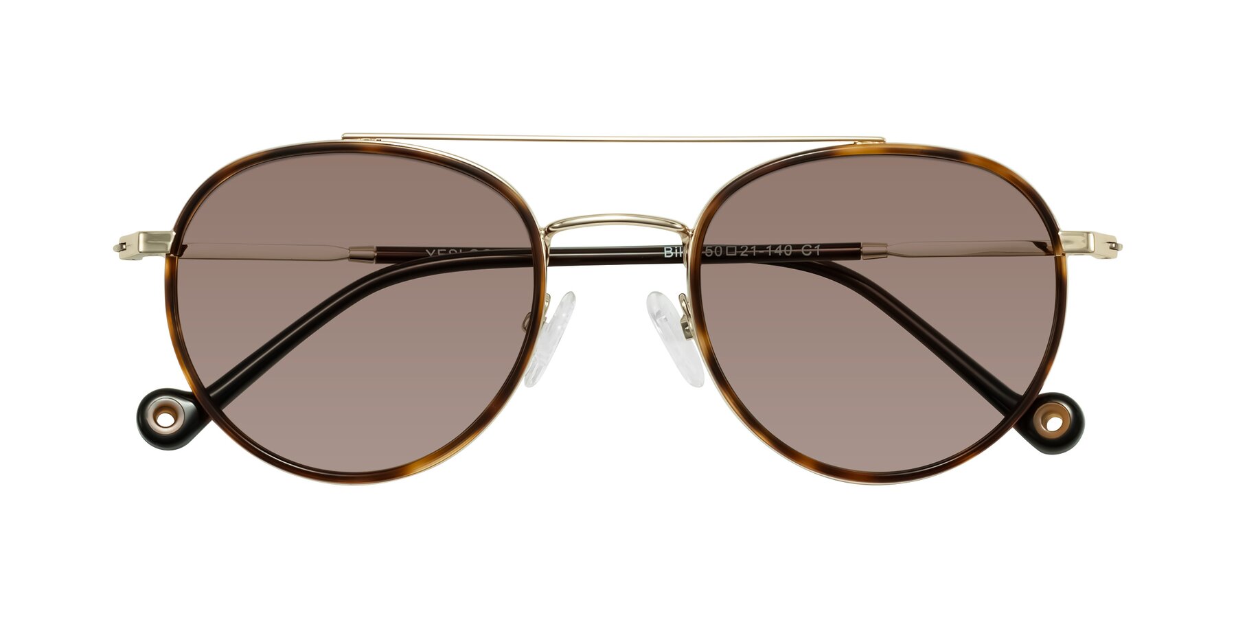 Folded Front of Biko in Tortoise/Gold with Medium Brown Tinted Lenses