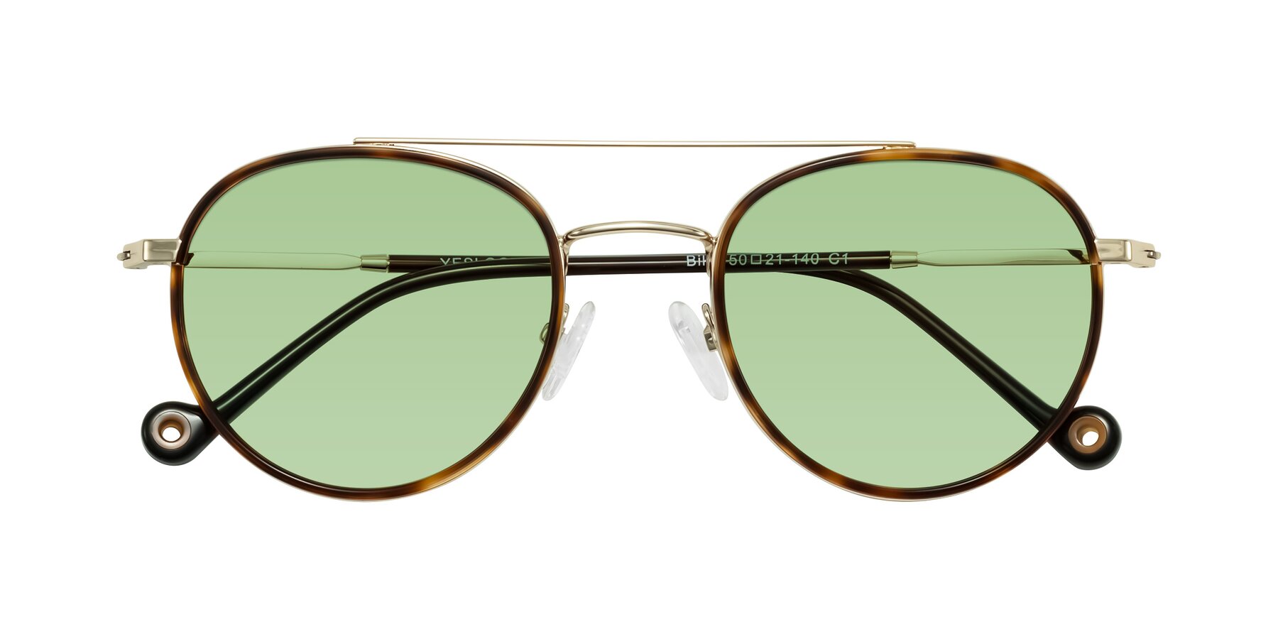 Folded Front of Biko in Tortoise/Gold with Medium Green Tinted Lenses