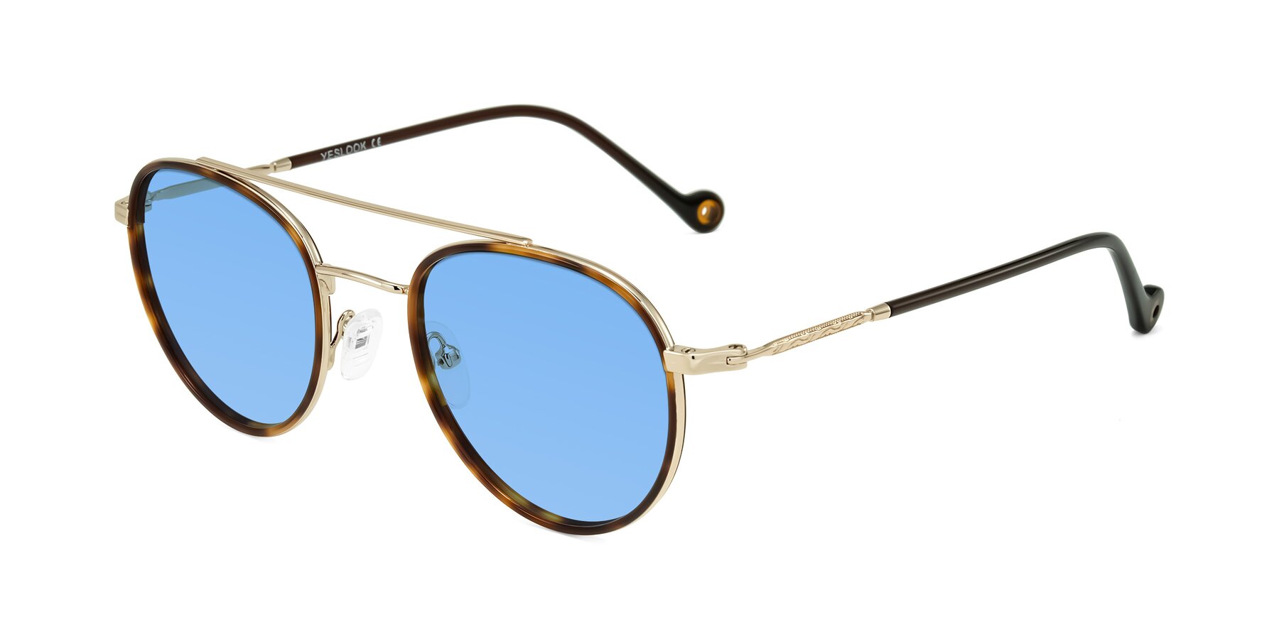 Angle of Biko in Tortoise/Gold with Medium Blue Tinted Lenses