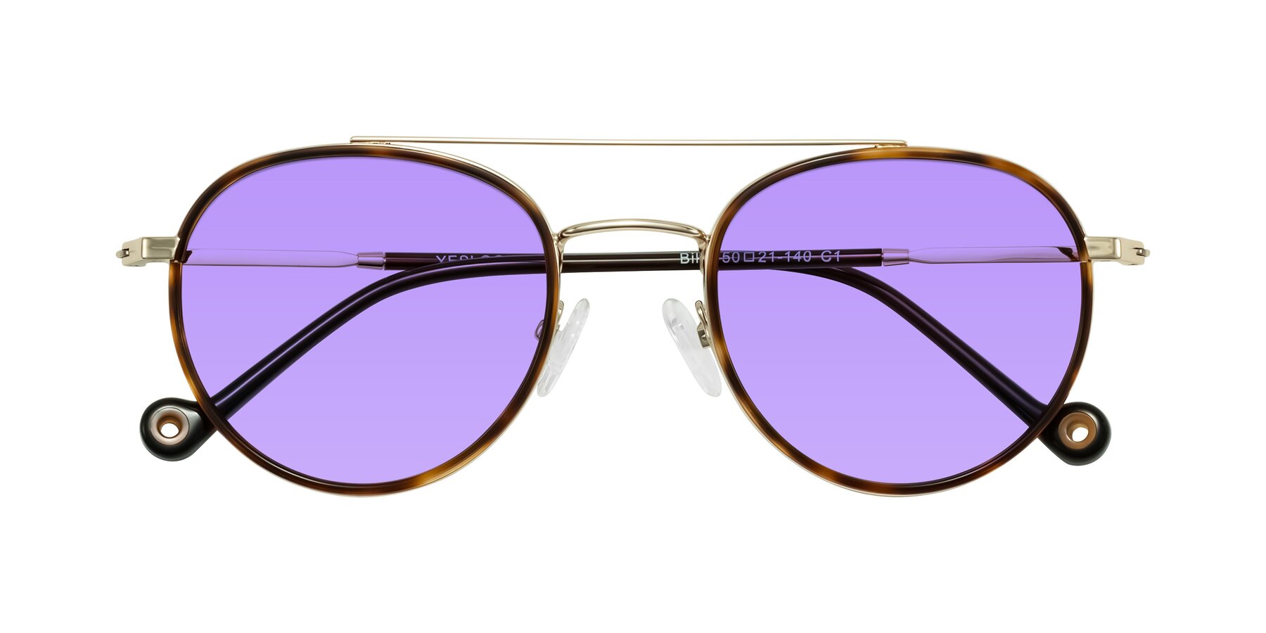 Folded Front of Biko in Tortoise/Gold with Medium Purple Tinted Lenses