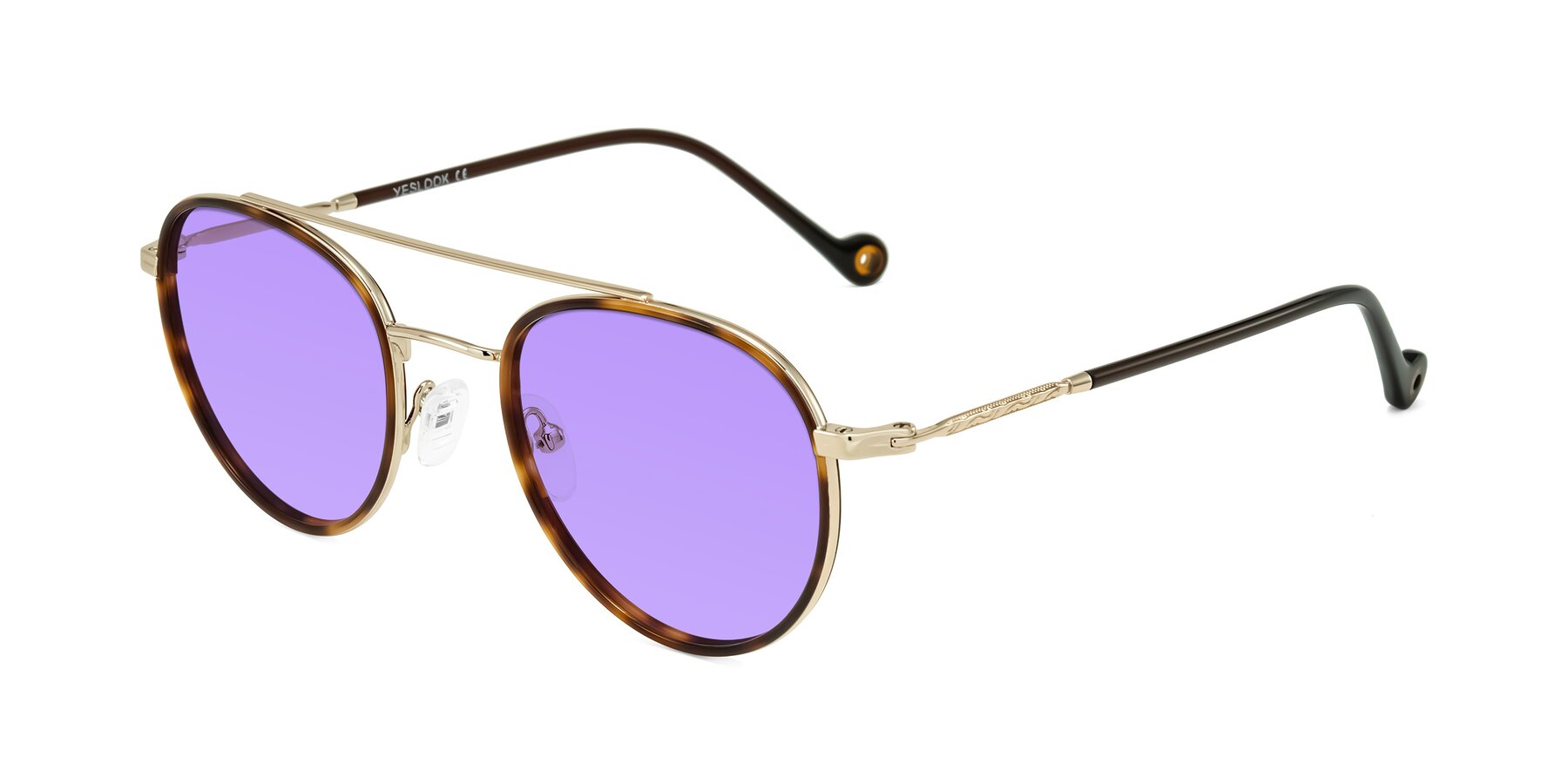 Angle of Biko in Tortoise/Gold with Medium Purple Tinted Lenses