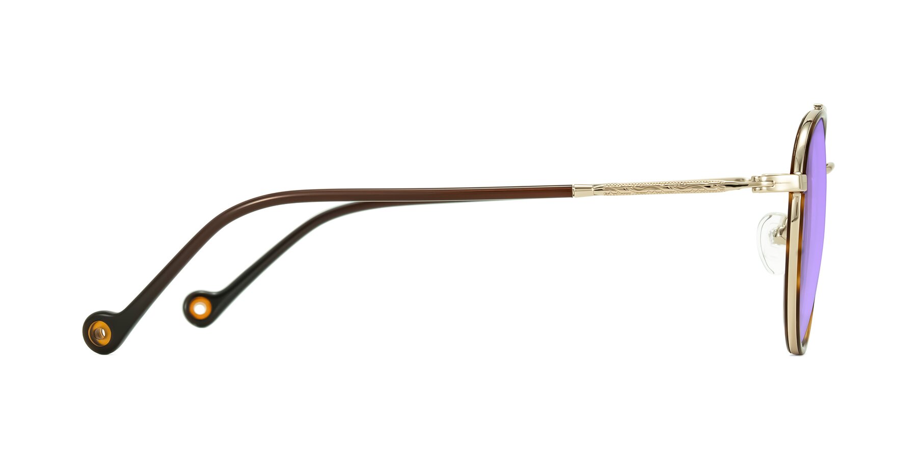 Side of Biko in Tortoise/Gold with Medium Purple Tinted Lenses