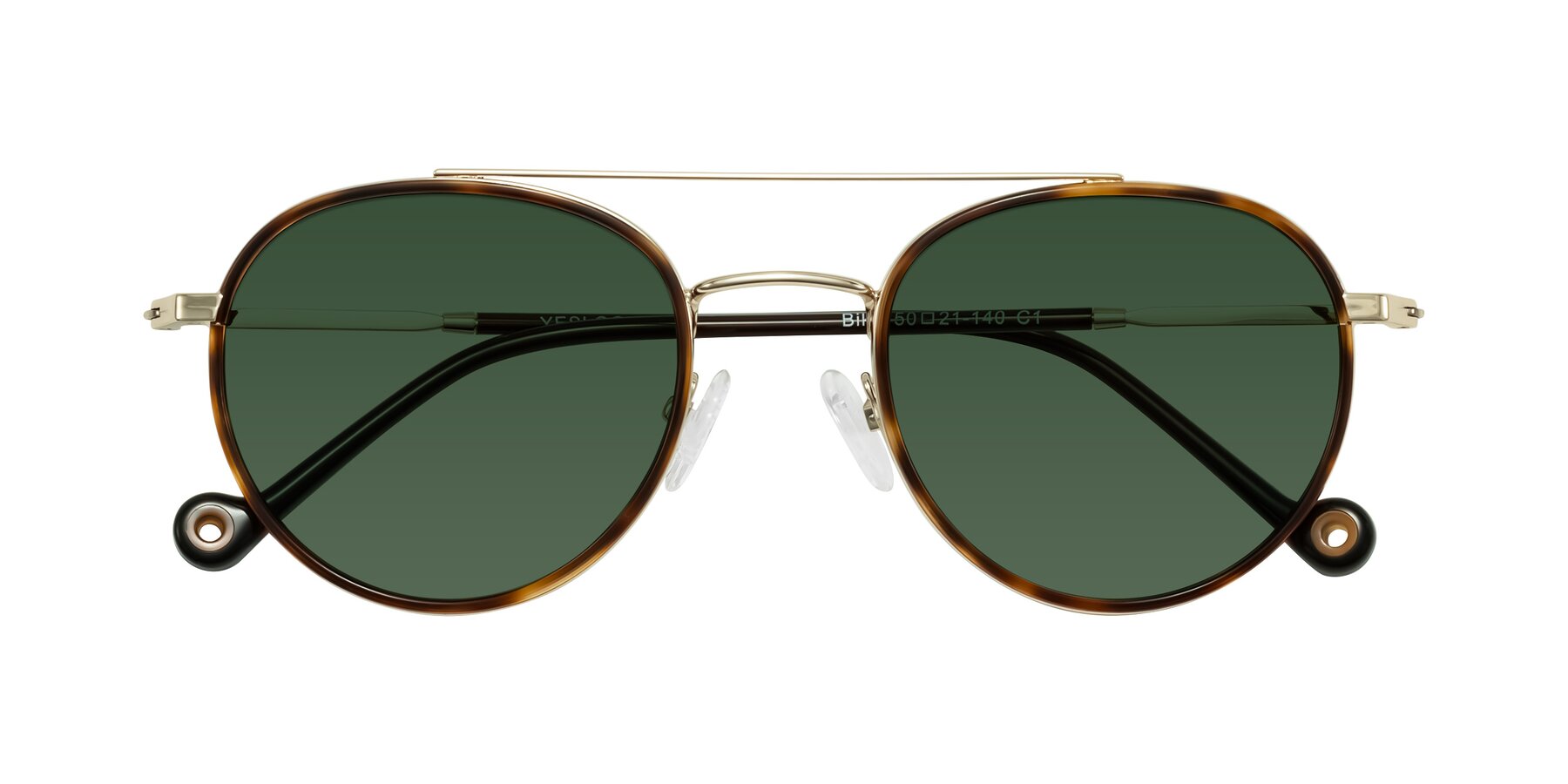 Folded Front of Biko in Tortoise/Gold with Green Tinted Lenses