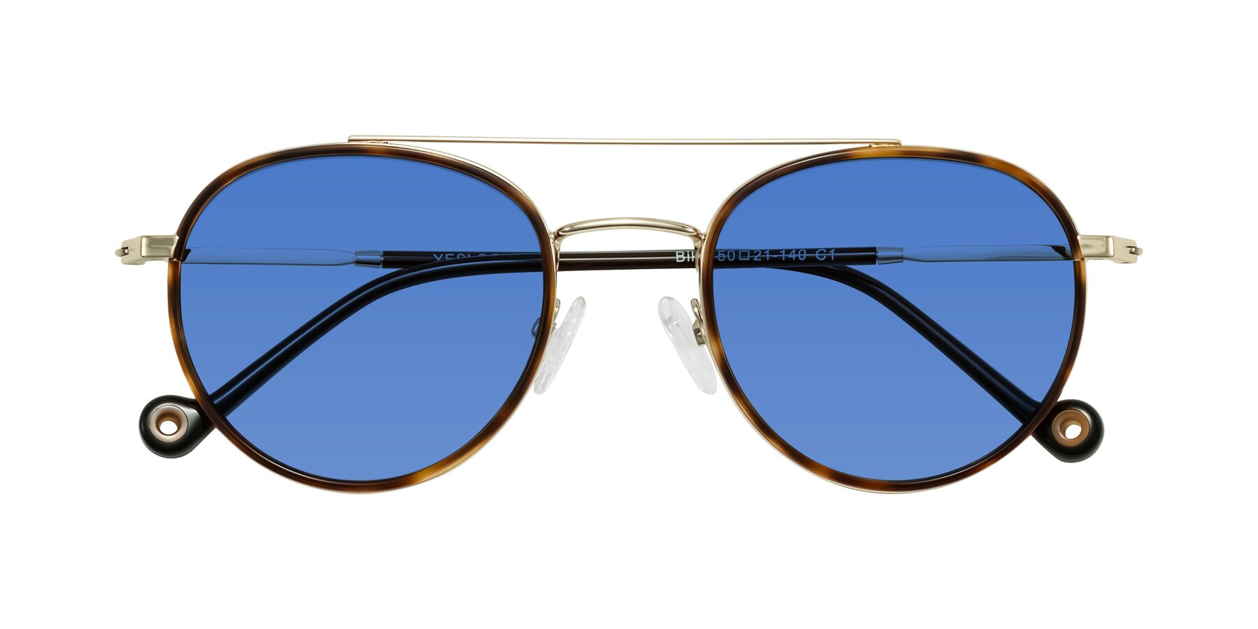 Folded Front of Biko in Tortoise/Gold with Blue Tinted Lenses