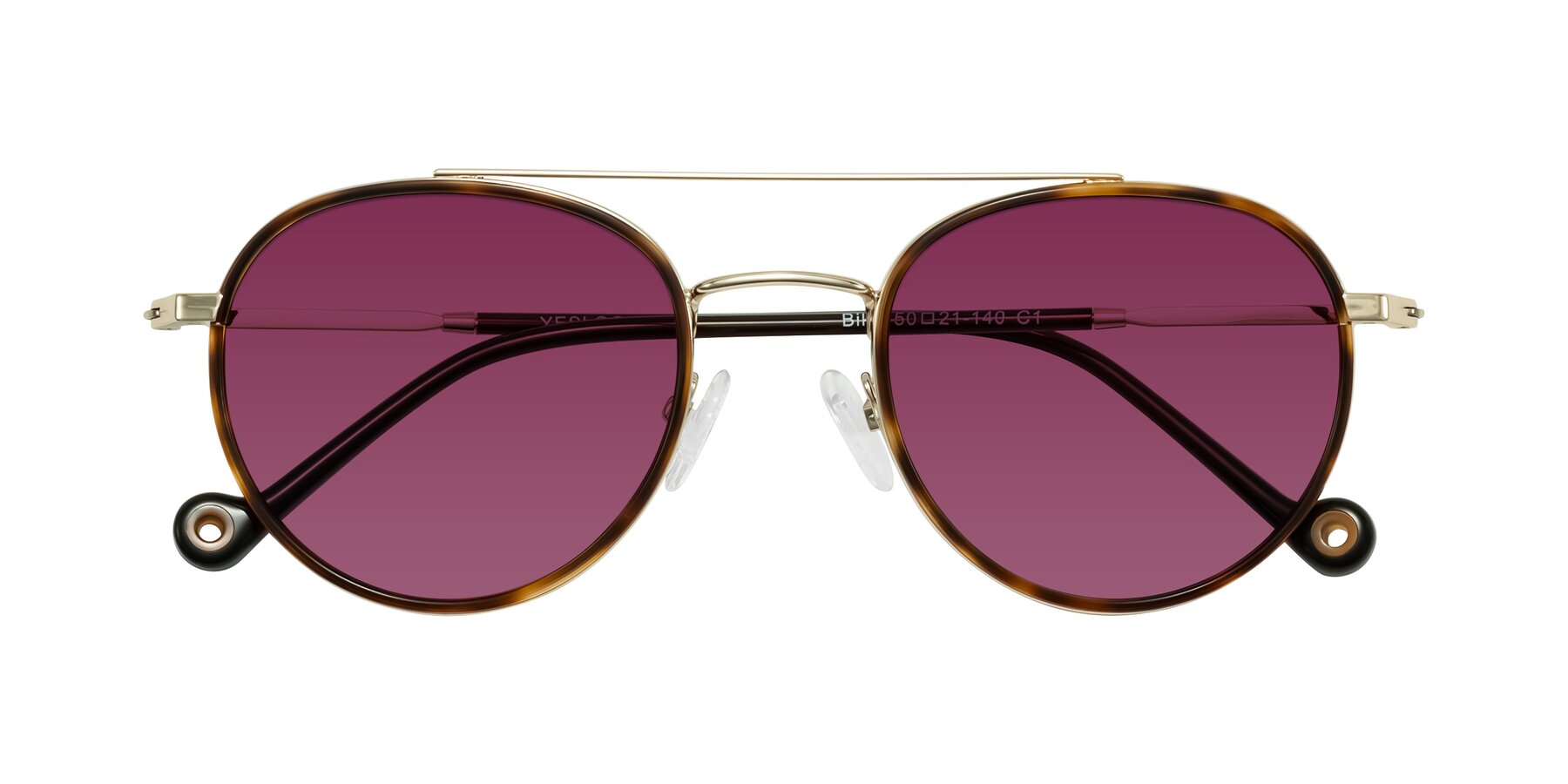 Folded Front of Biko in Tortoise/Gold with Wine Tinted Lenses