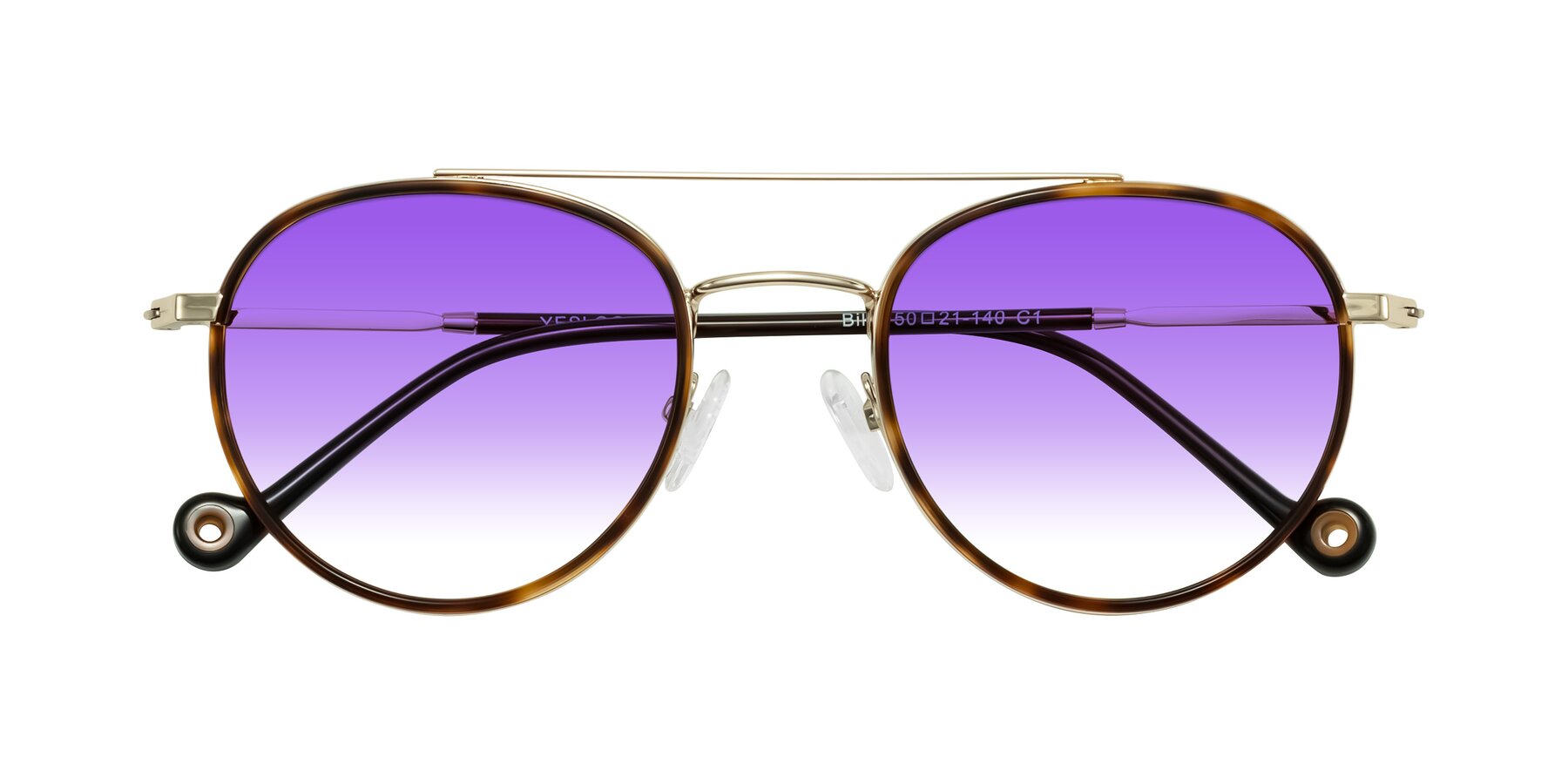 Folded Front of Biko in Tortoise/Gold with Purple Gradient Lenses