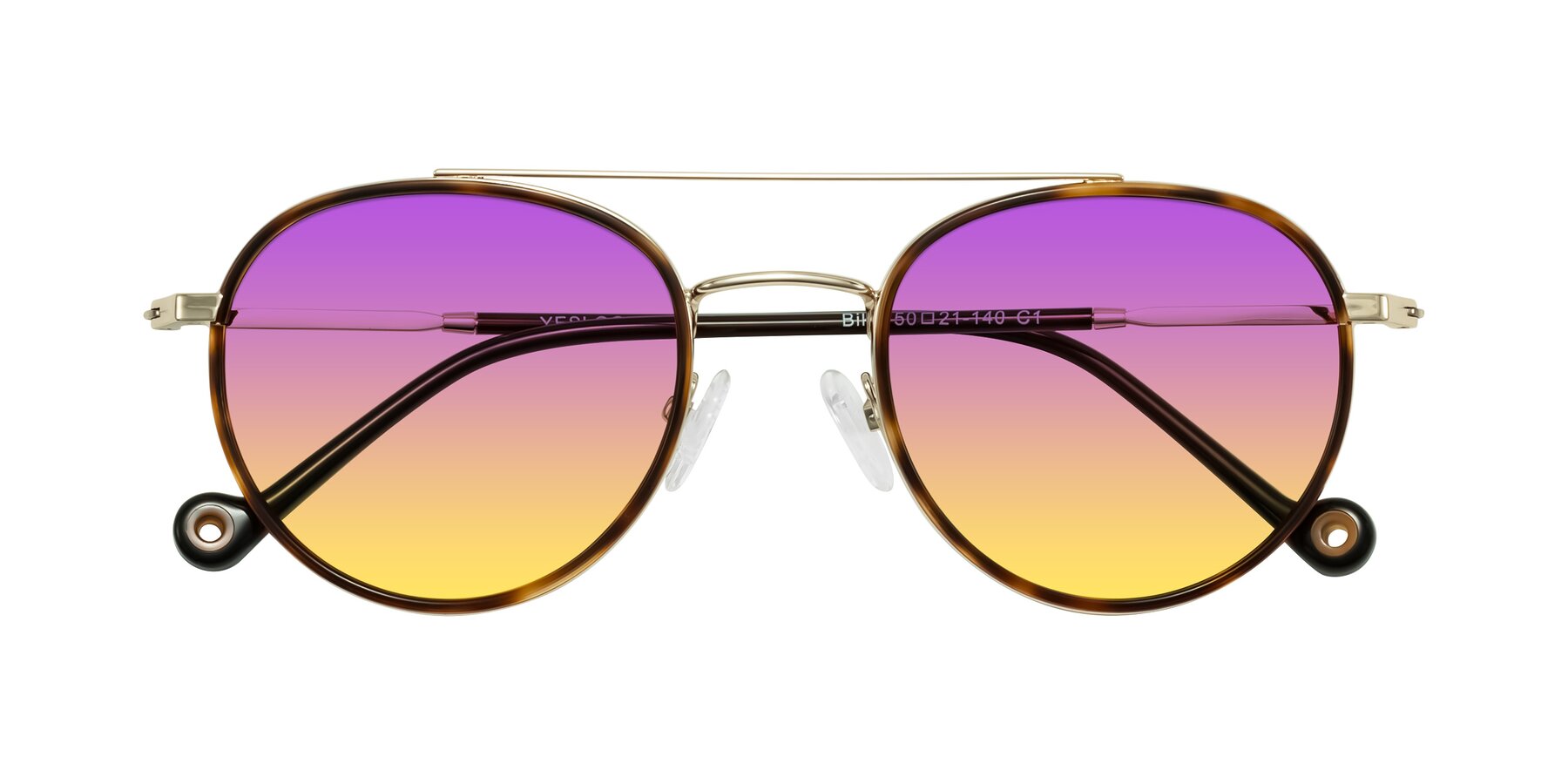 Folded Front of Biko in Tortoise/Gold with Purple / Yellow Gradient Lenses