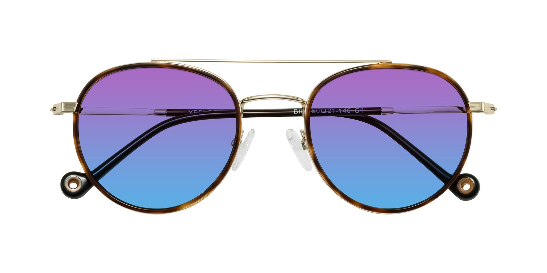 Folded Front of Biko in Tortoise/Gold with Purple / Blue Gradient Lenses