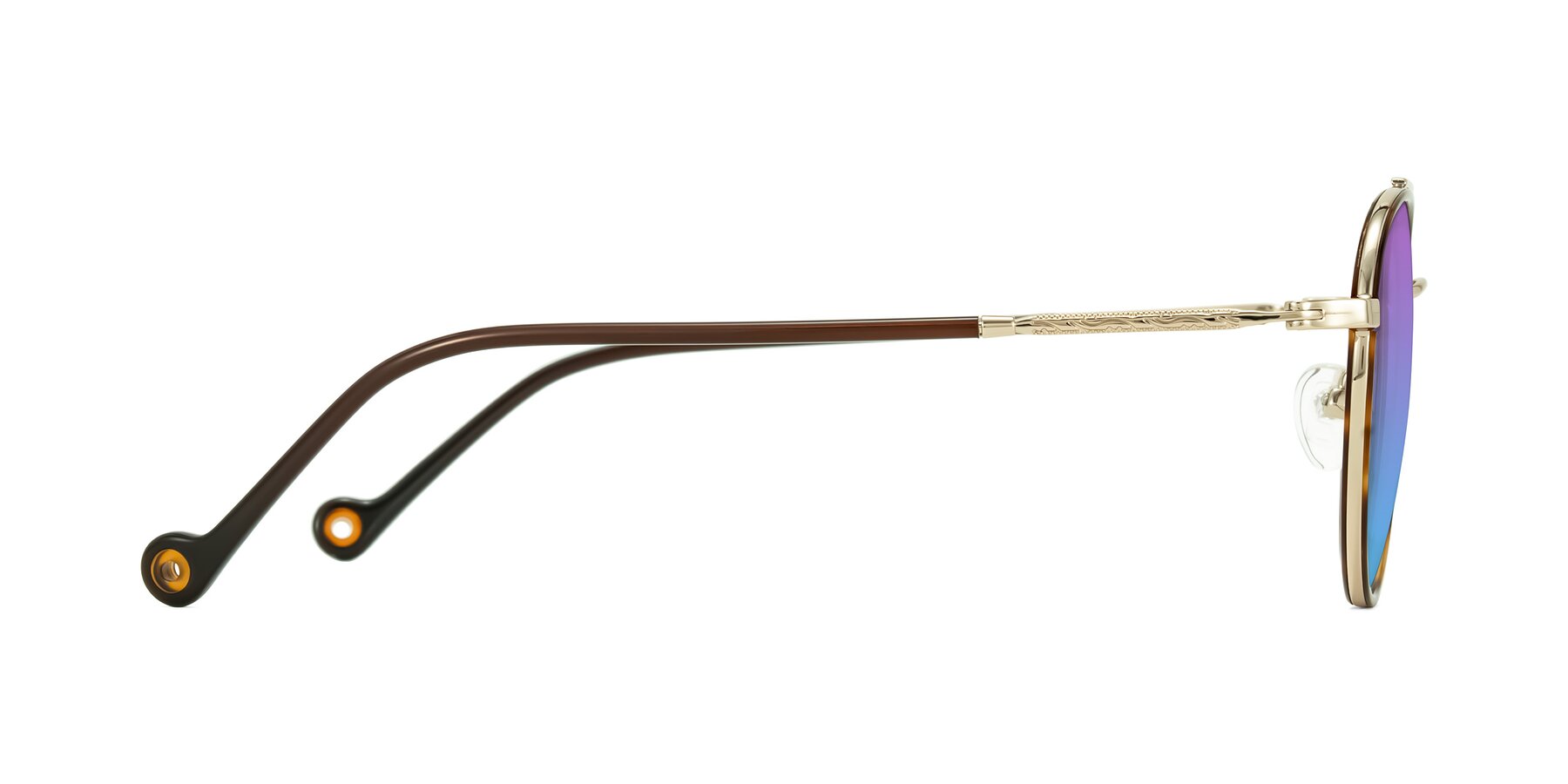 Side of Biko in Tortoise/Gold with Purple / Blue Gradient Lenses