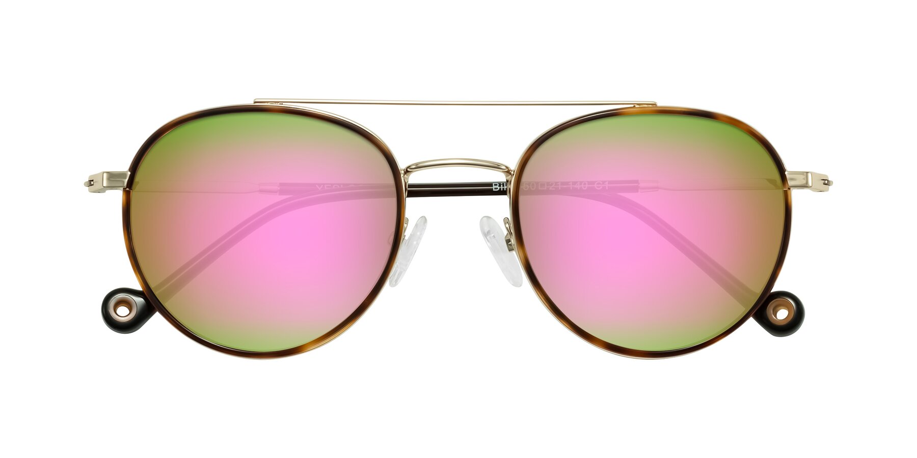 Folded Front of Biko in Tortoise/Gold with Pink Mirrored Lenses