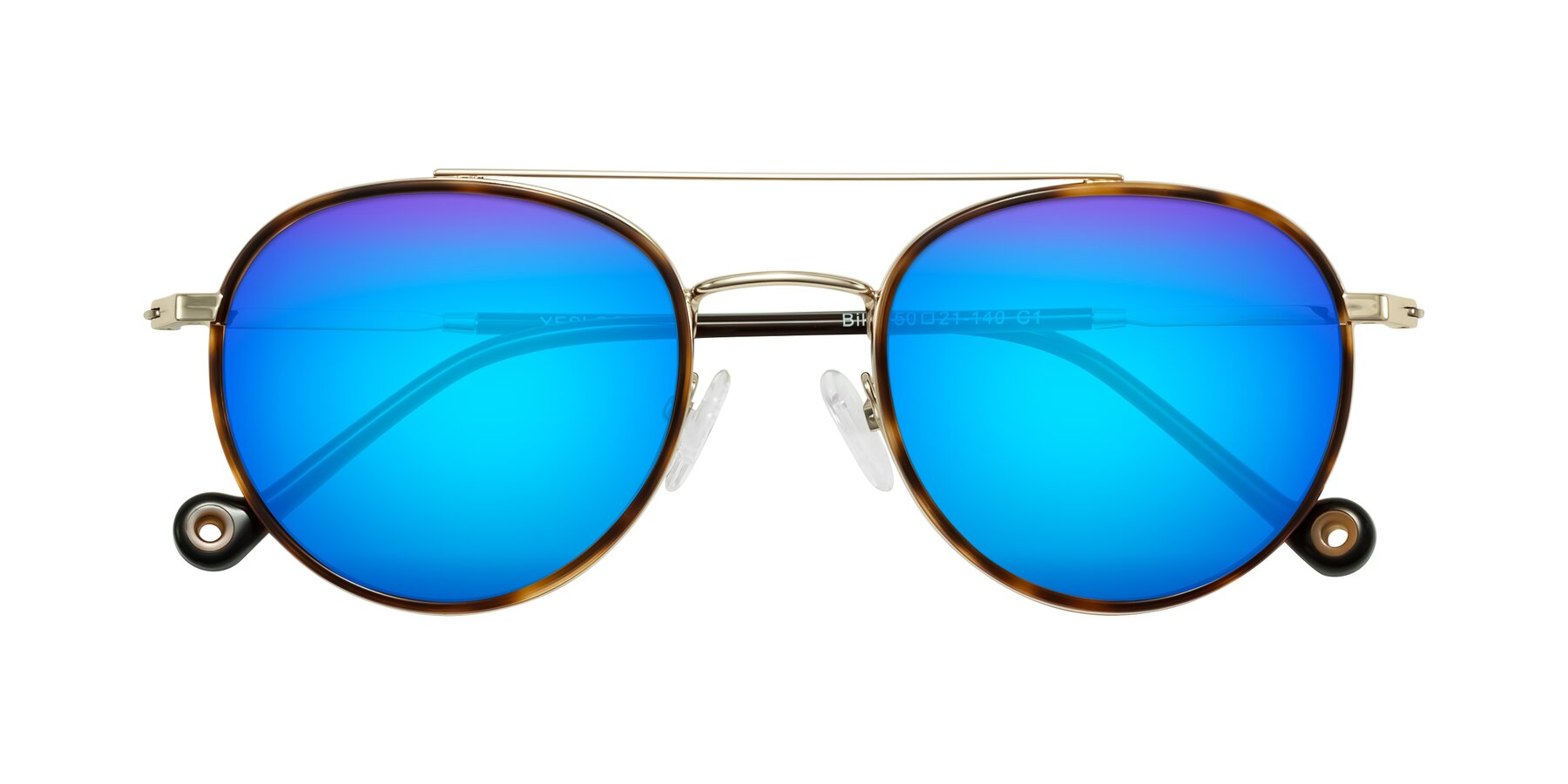 Folded Front of Biko in Tortoise/Gold with Blue Mirrored Lenses