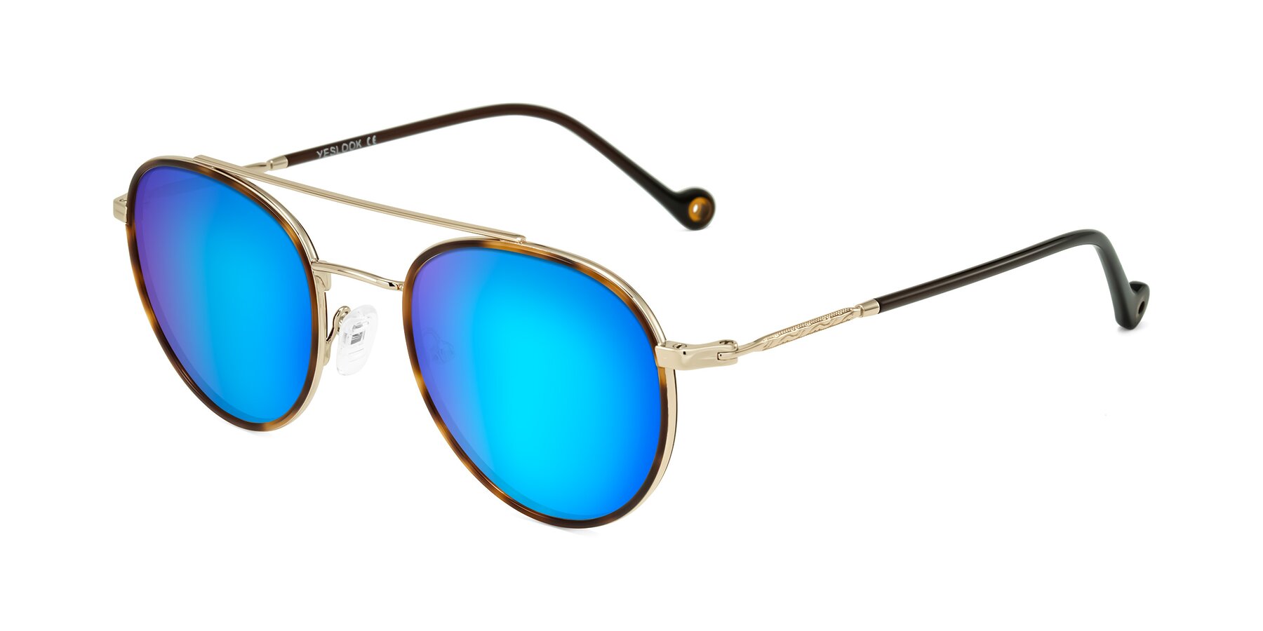 Angle of Biko in Tortoise/Gold with Blue Mirrored Lenses