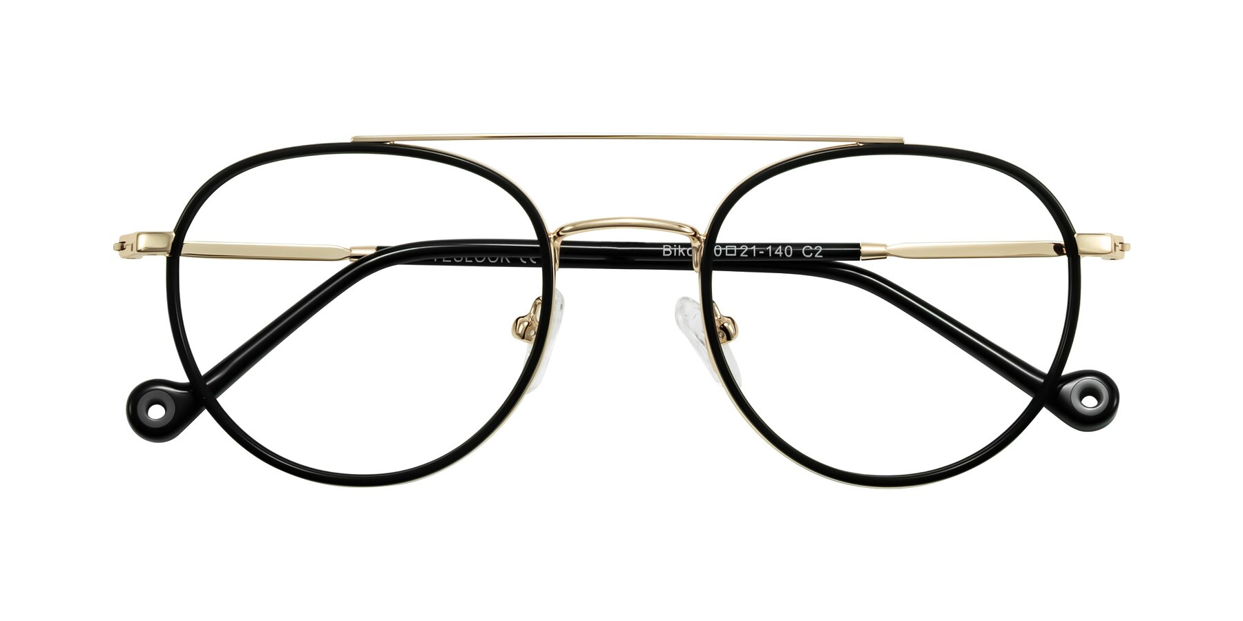 Folded Front of Biko in Black/Gold with Clear Eyeglass Lenses