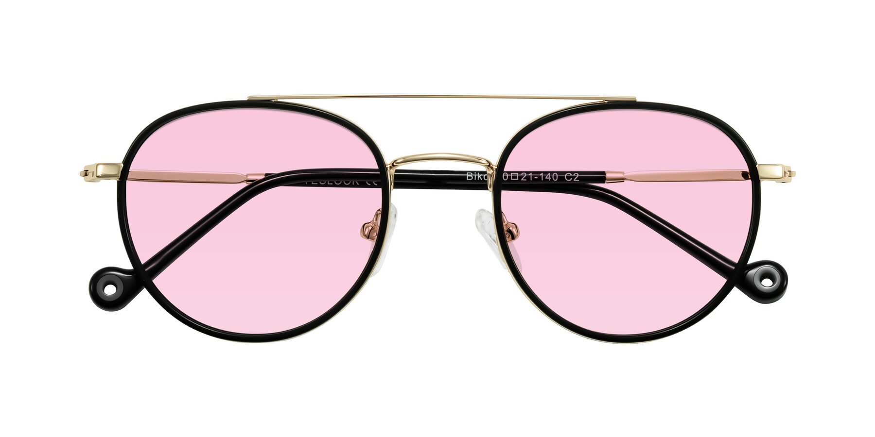 Folded Front of Biko in Black/Gold with Light Pink Tinted Lenses