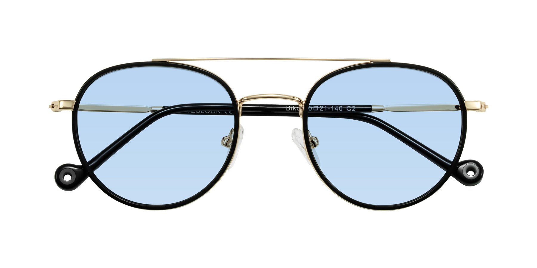 Folded Front of Biko in Black/Gold with Light Blue Tinted Lenses