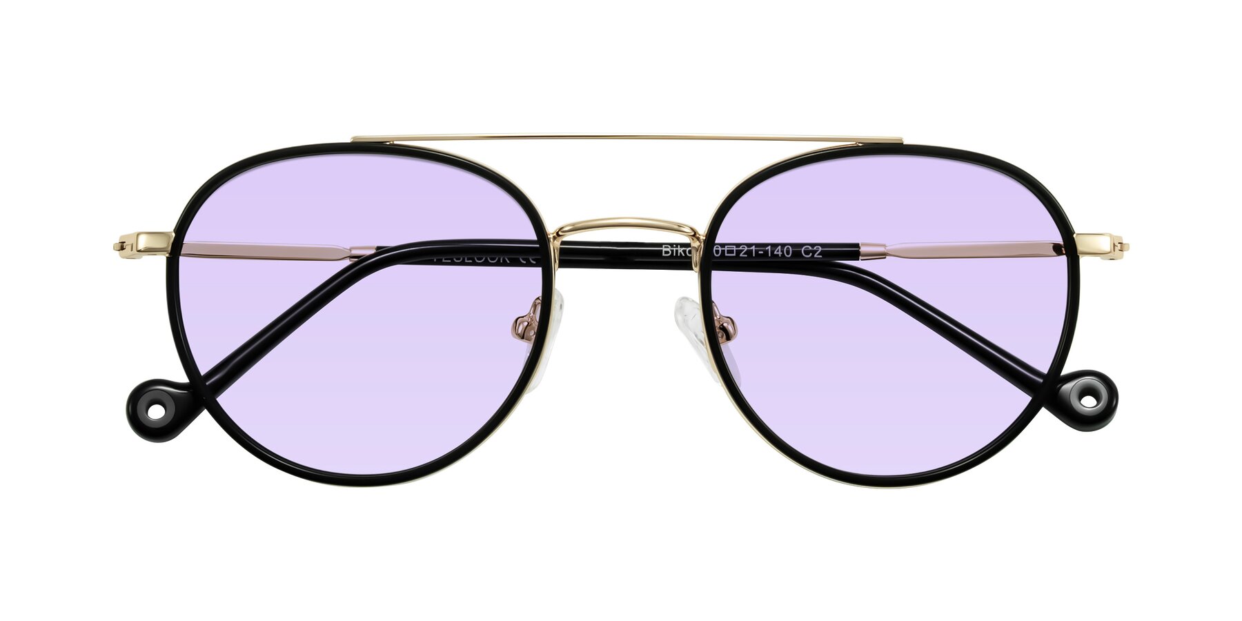 Folded Front of Biko in Black/Gold with Light Purple Tinted Lenses
