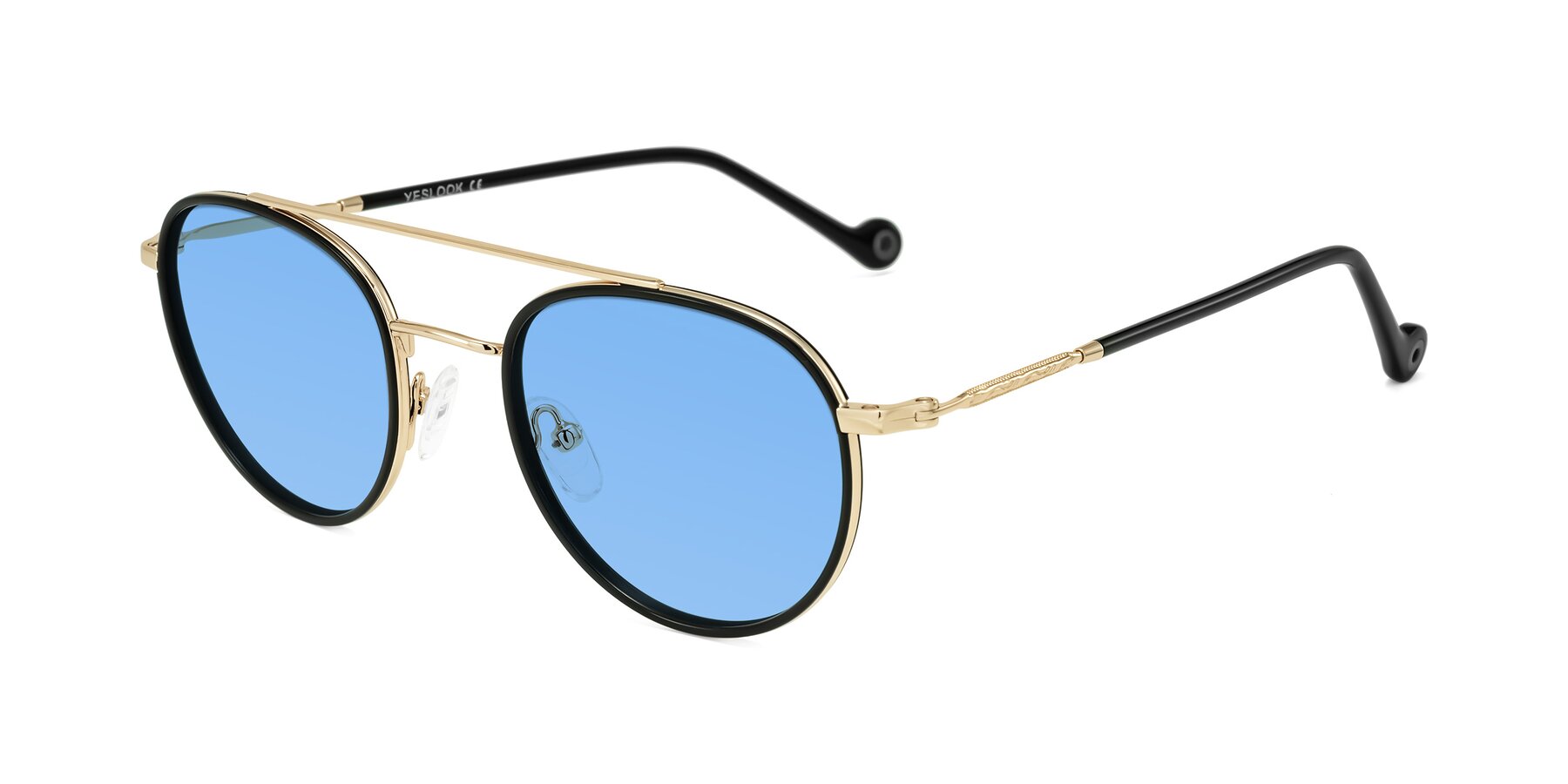 Angle of Biko in Black/Gold with Medium Blue Tinted Lenses