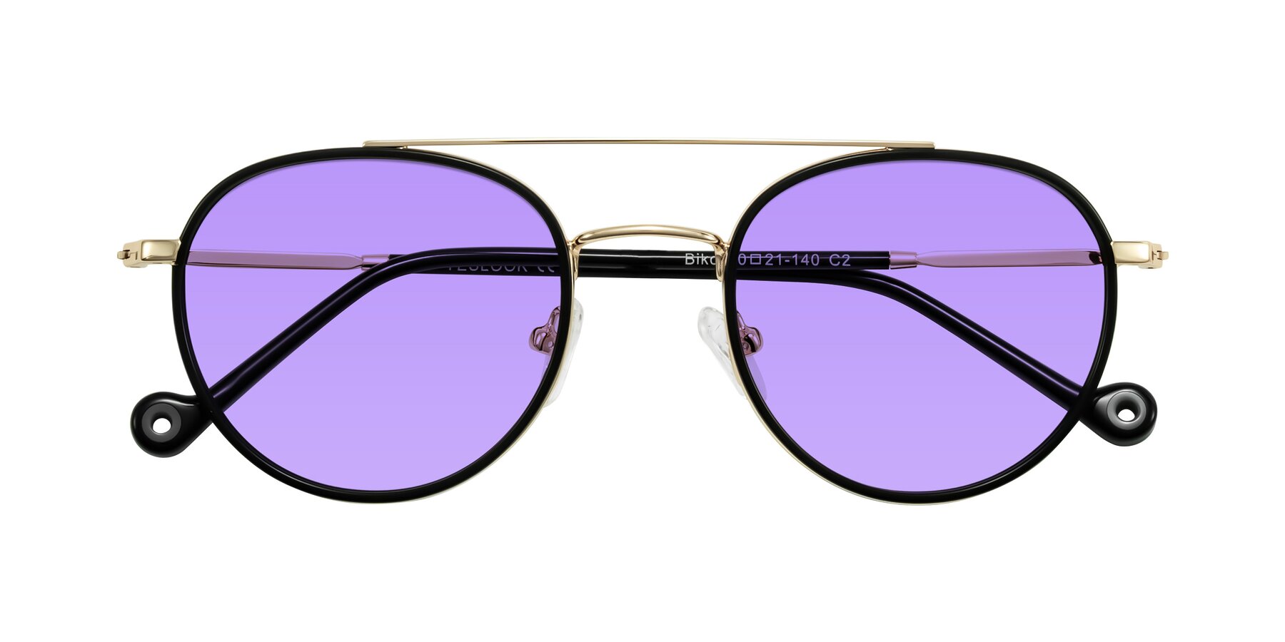 Folded Front of Biko in Black/Gold with Medium Purple Tinted Lenses