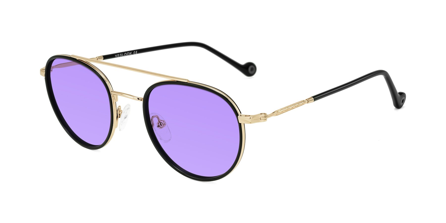 Angle of Biko in Black/Gold with Medium Purple Tinted Lenses