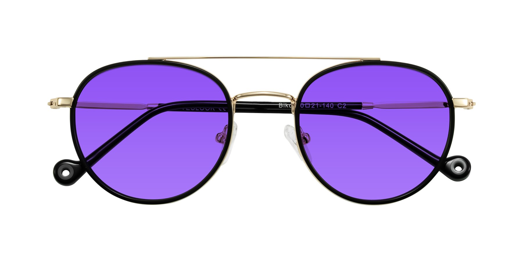 Folded Front of Biko in Black/Gold with Purple Tinted Lenses