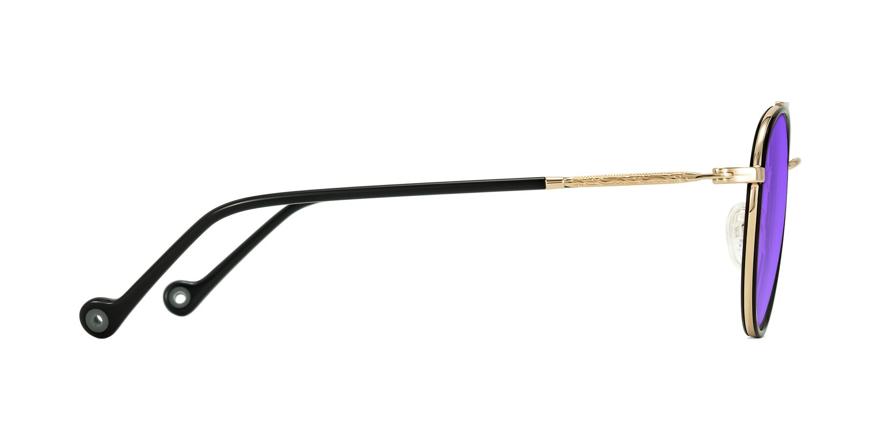 Side of Biko in Black/Gold with Purple Tinted Lenses