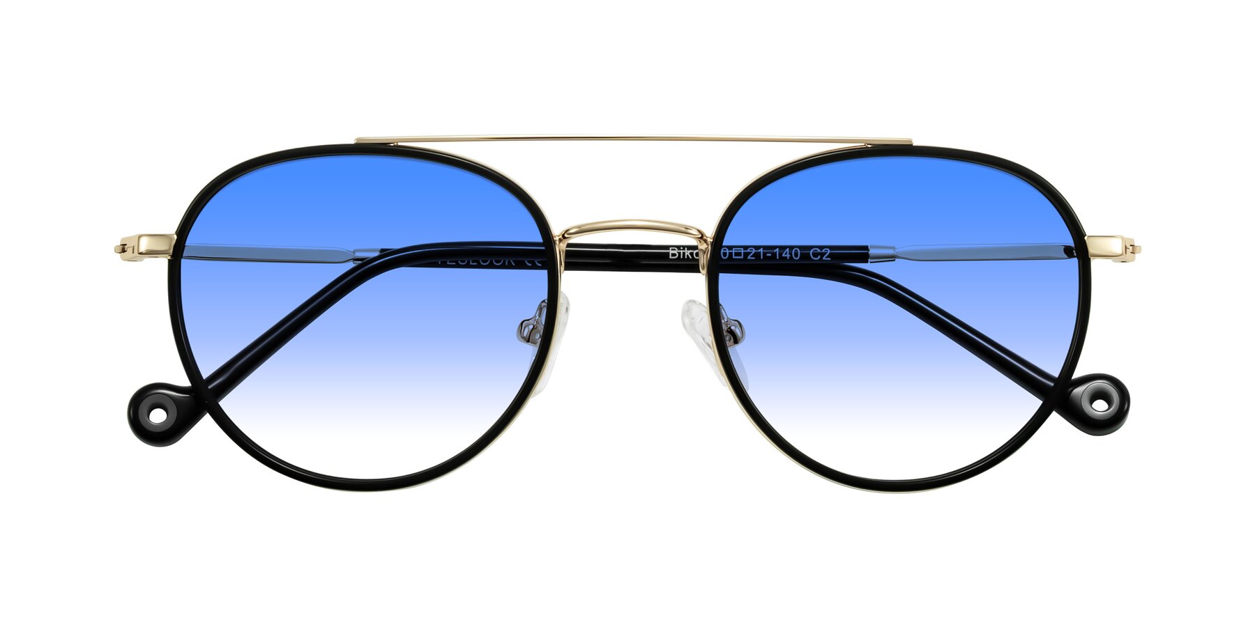 Folded Front of Biko in Black/Gold with Blue Gradient Lenses