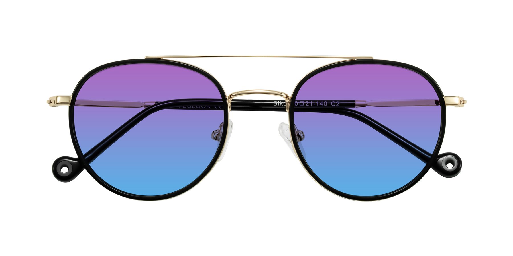 Folded Front of Biko in Black/Gold with Purple / Blue Gradient Lenses