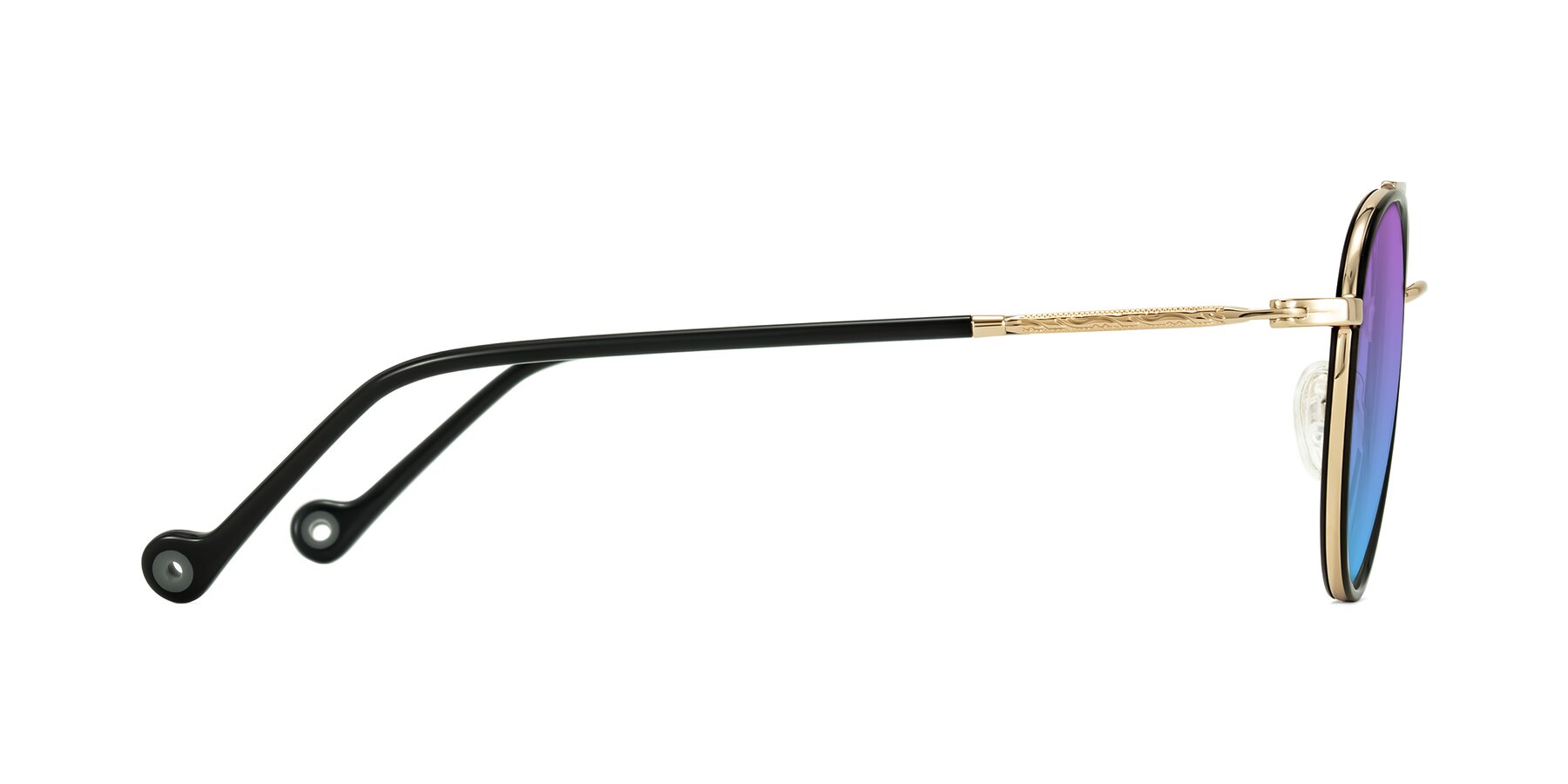 Side of Biko in Black/Gold with Purple / Blue Gradient Lenses