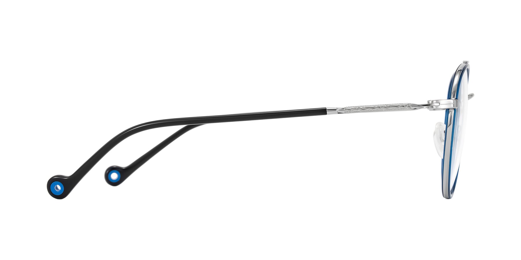 Side of Biko in Blue/Silver with Clear Blue Light Blocking Lenses