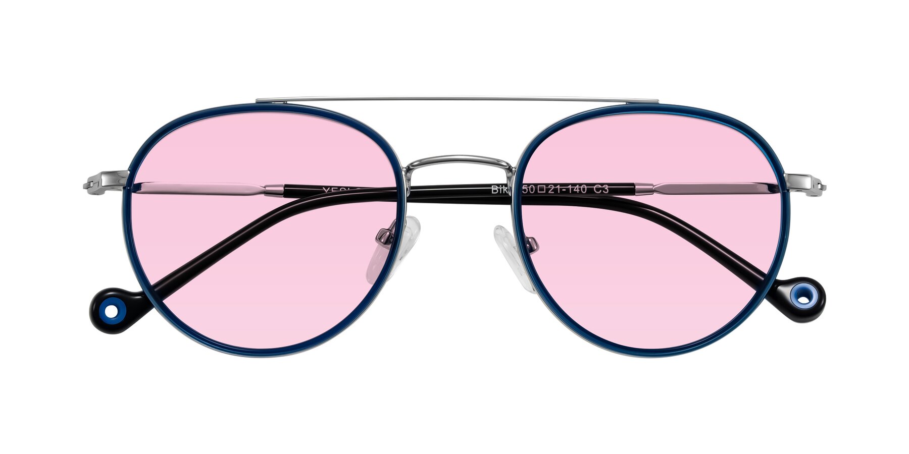 Folded Front of Biko in Blue/Silver with Light Pink Tinted Lenses