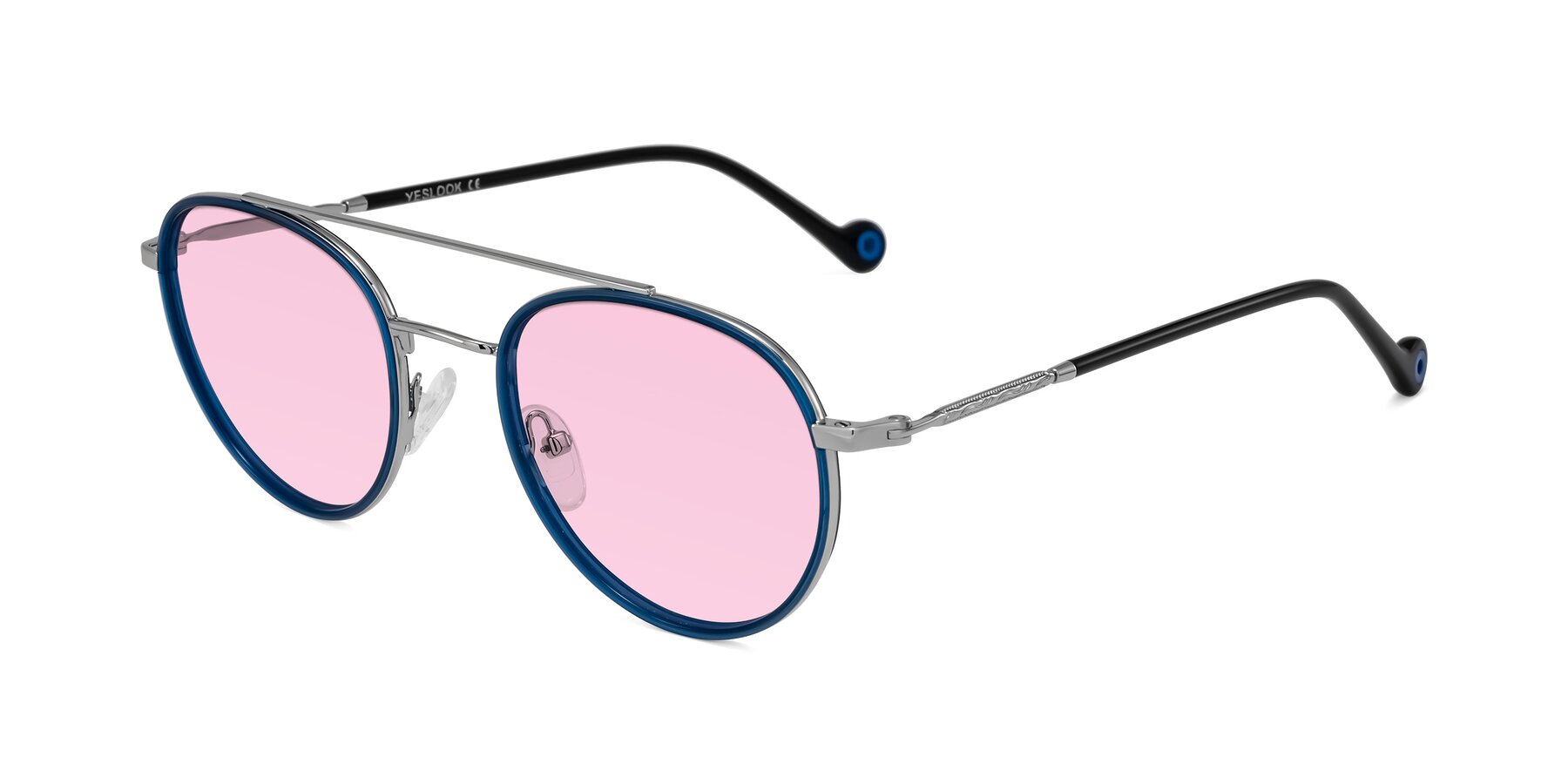 Angle of Biko in Blue/Silver with Light Pink Tinted Lenses